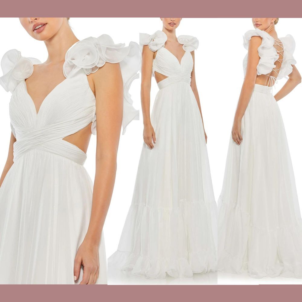 NWT Mac Duggal [ 10 ] 67911‎ Ruffle Tiered Cut out Chiffon Gown White CrissCross